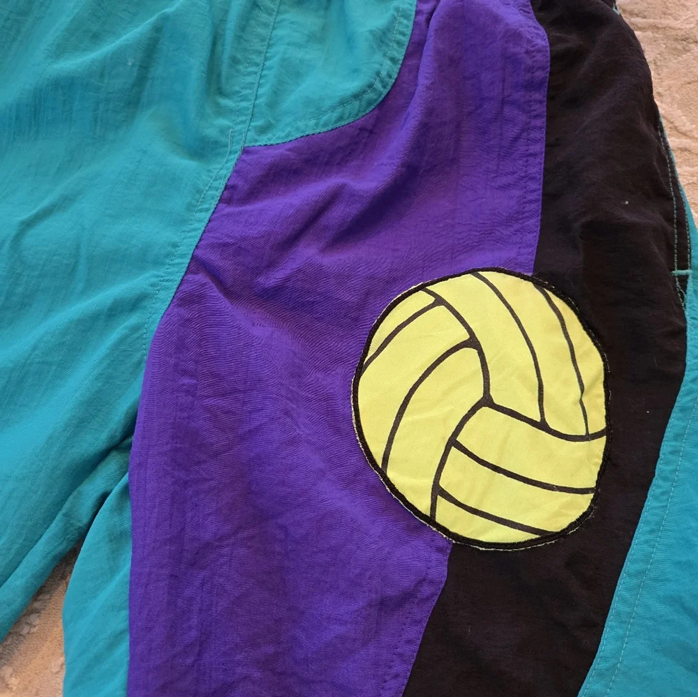 Vintage 1990s Radical Reef Teal and Purple Volleyball Swim Trunks